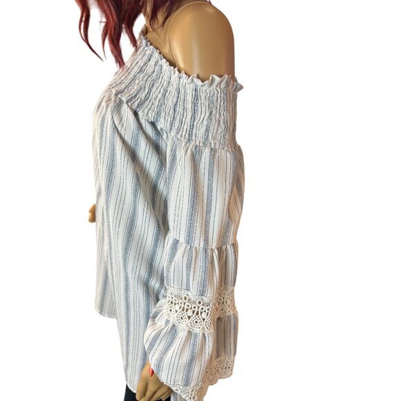 Kiwi + Punch Striped Off-Shoulder Smocked Tunic Blouse With Lace Bell‎ Sleeves - Picture 3 of 6